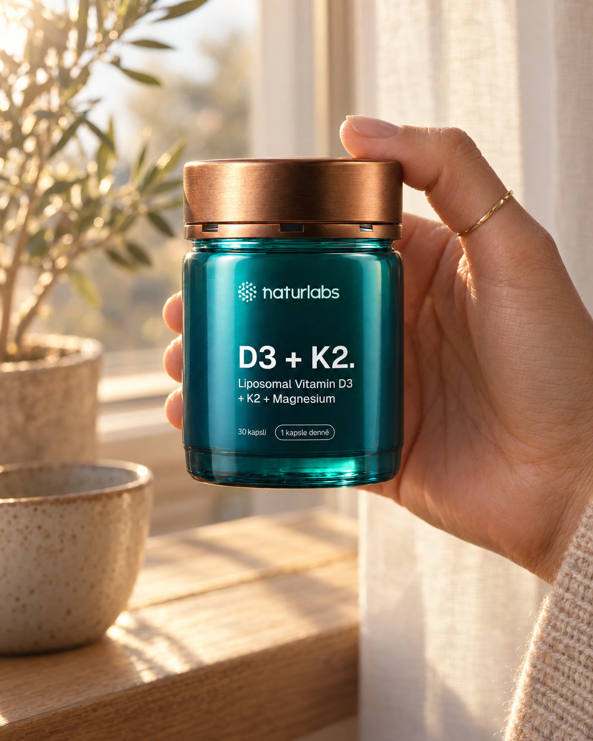 Ruka drží dózu Naturlabs Liposomální vitamin D3 + K2 u okna v teplém odpoledním slunci