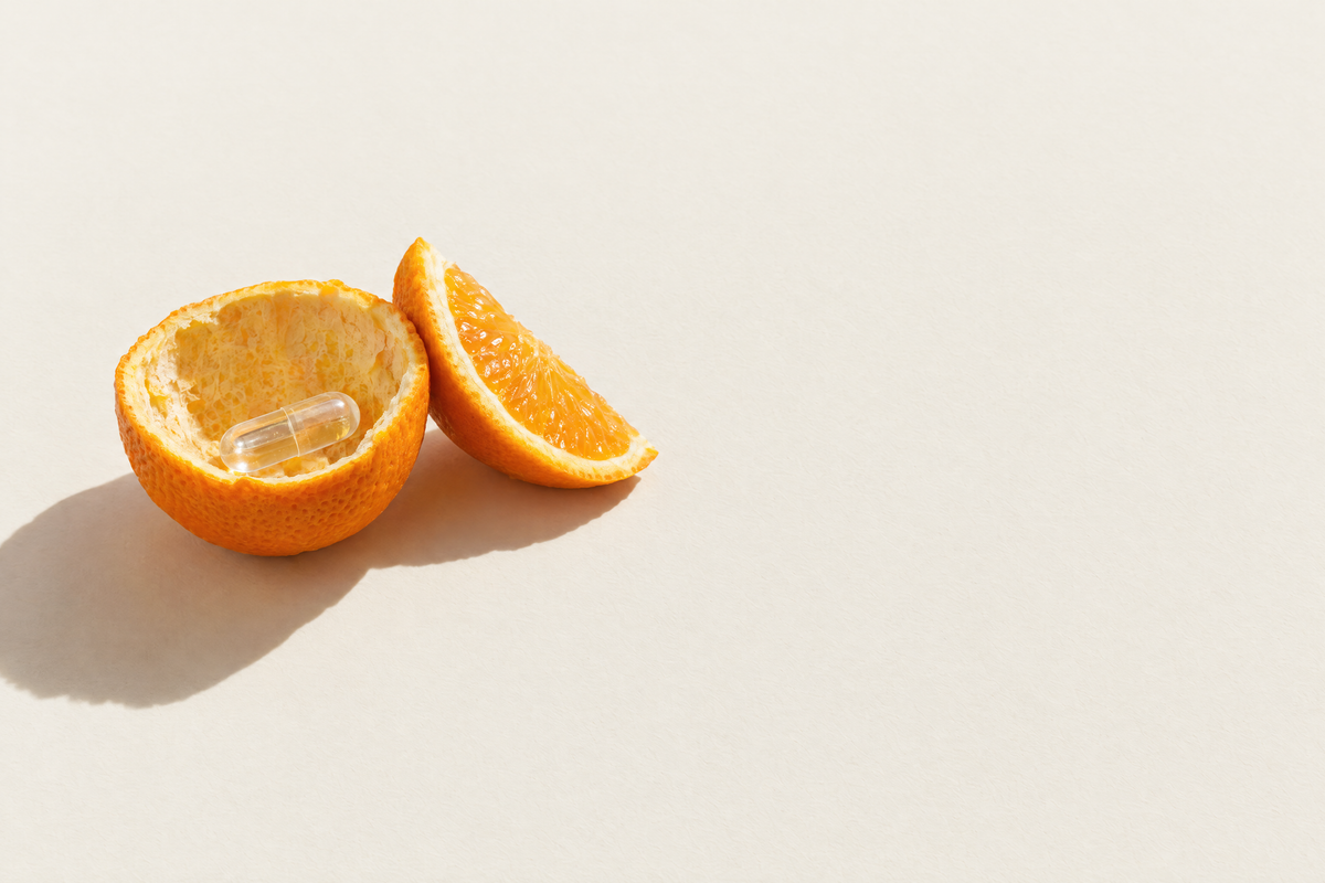 Průhledná kapsle ve světlém zátiší, Liposomální vitamin C