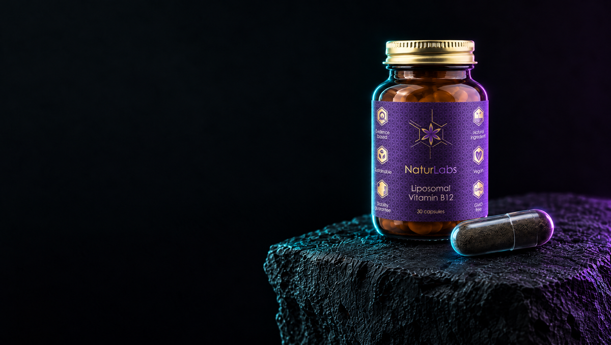 Dóza Naturlabs Vitality. Liposomální vitamin B12 na tmavém kameni s průhlednou kapslí