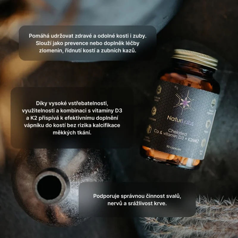 Chelátový vápník + vitamín D3 a K2 NaturLabs, 90 kapslí