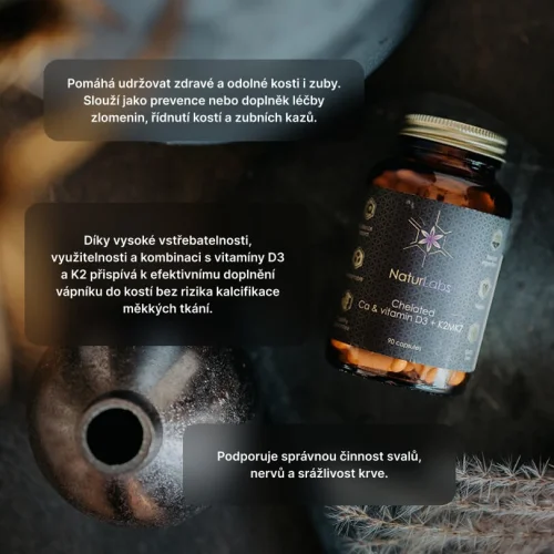 Chelátový vápník + vitamín D3 a K2 NaturLabs, 90 kapslí